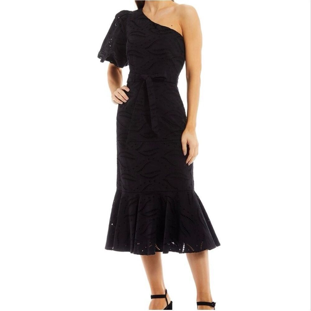 Gibson Latimer One Shoulder Eyelet Midi Dress Black Sz Small Blouson Puff Sleeve